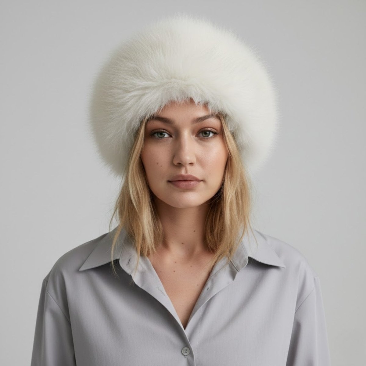 Woman wearing a beige fur hat against a plain background