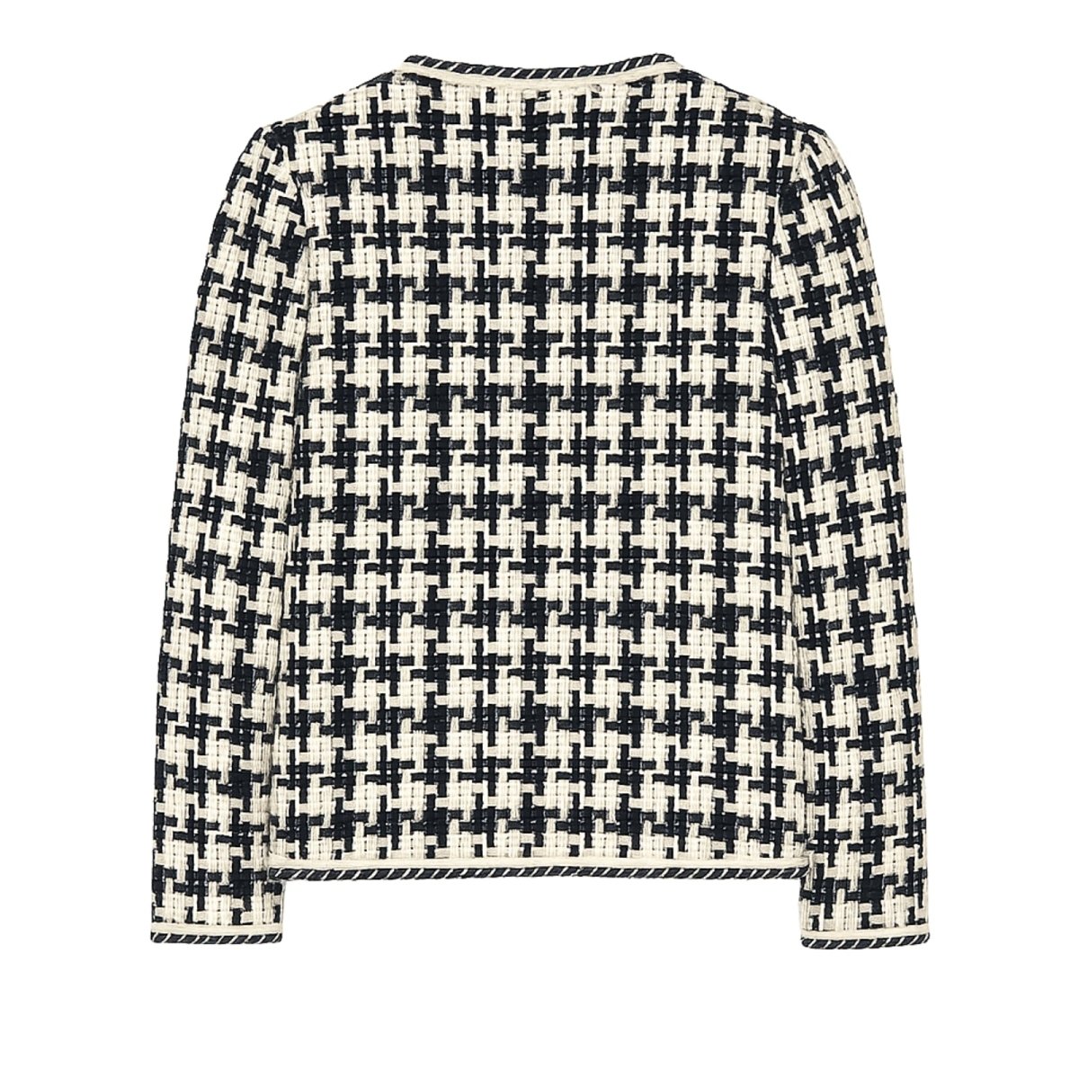 Black and white houndstooth patterned blouse on a white background