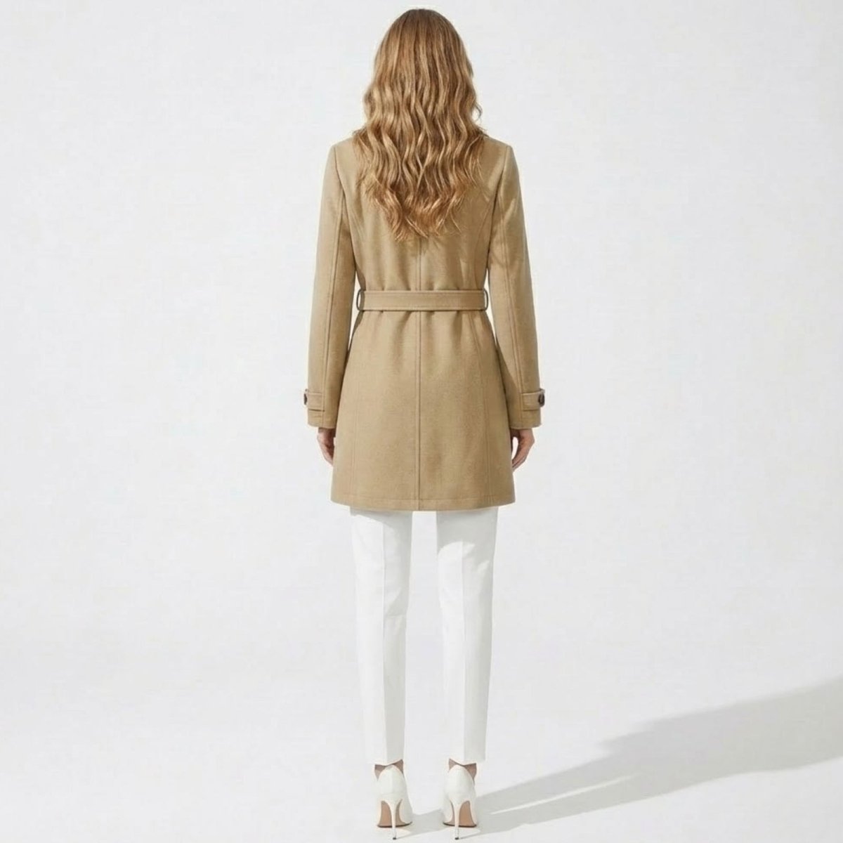 Back view of the Kouvr Fashion Classic Belted Wool Coat showing the detail of the self-tie belt and the tailored back construction.