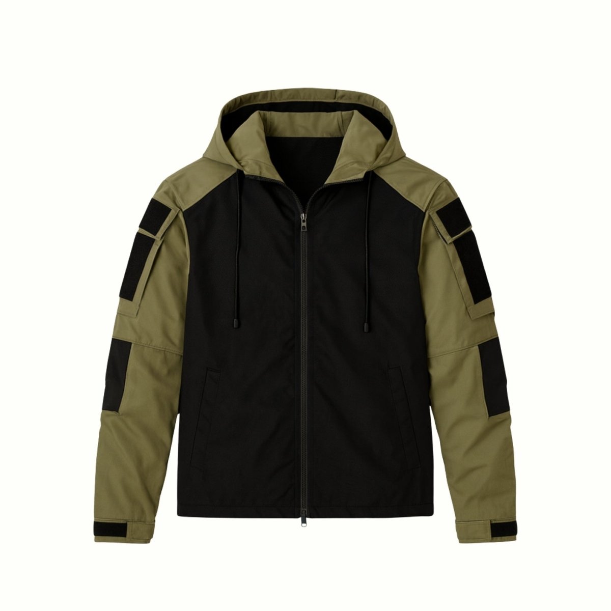 Kouvr Fashion Clint men's tactical jacket in dark green, highlighting the ripstop sleeve construction and utility patch panels.