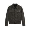 Flat lay product photo of the Kouvr Clinton dark grey leather trucker jacket for men.