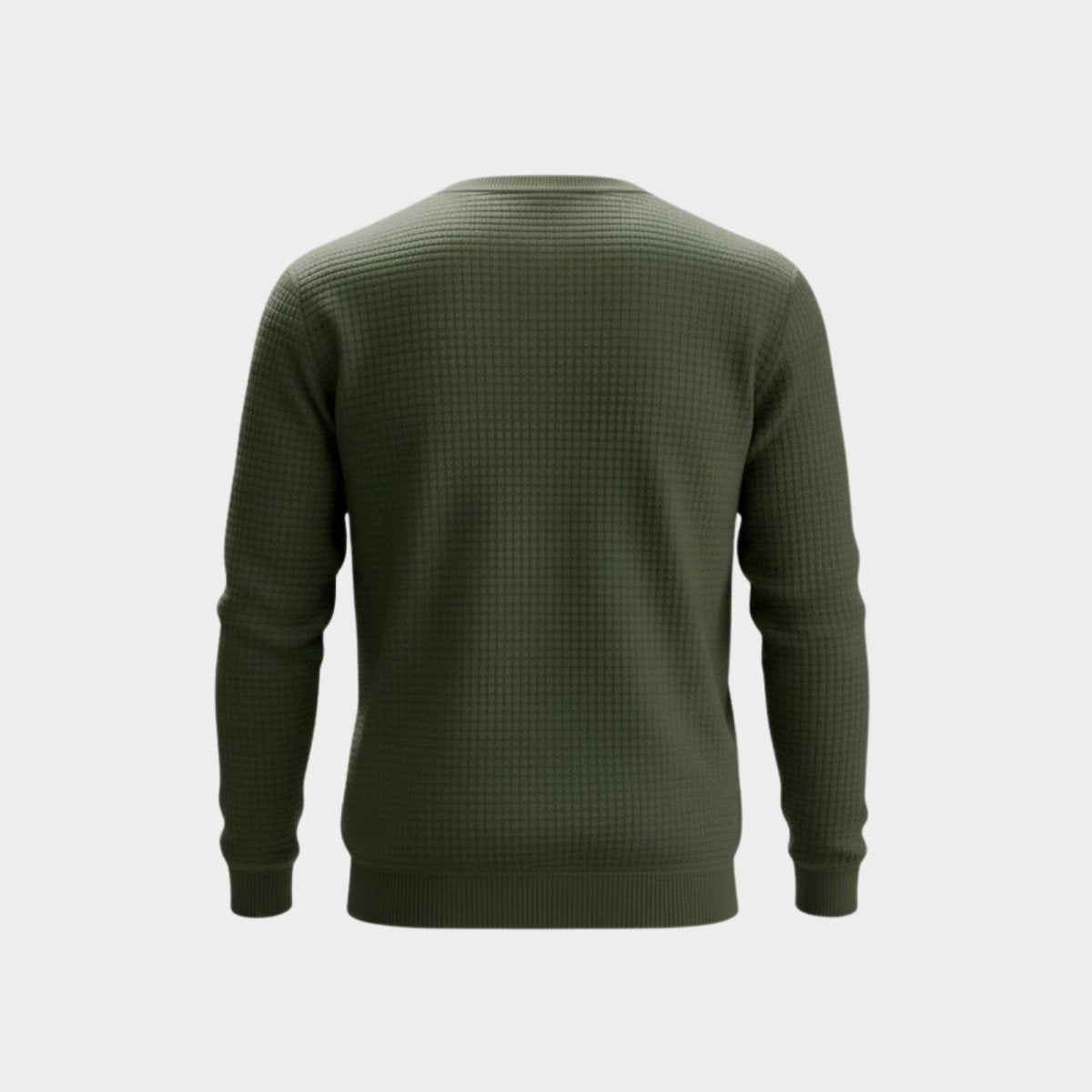 Back view product-only shot of the Kouvr Fashion men's olive green sweater, showing the textured waffle knit pattern.
