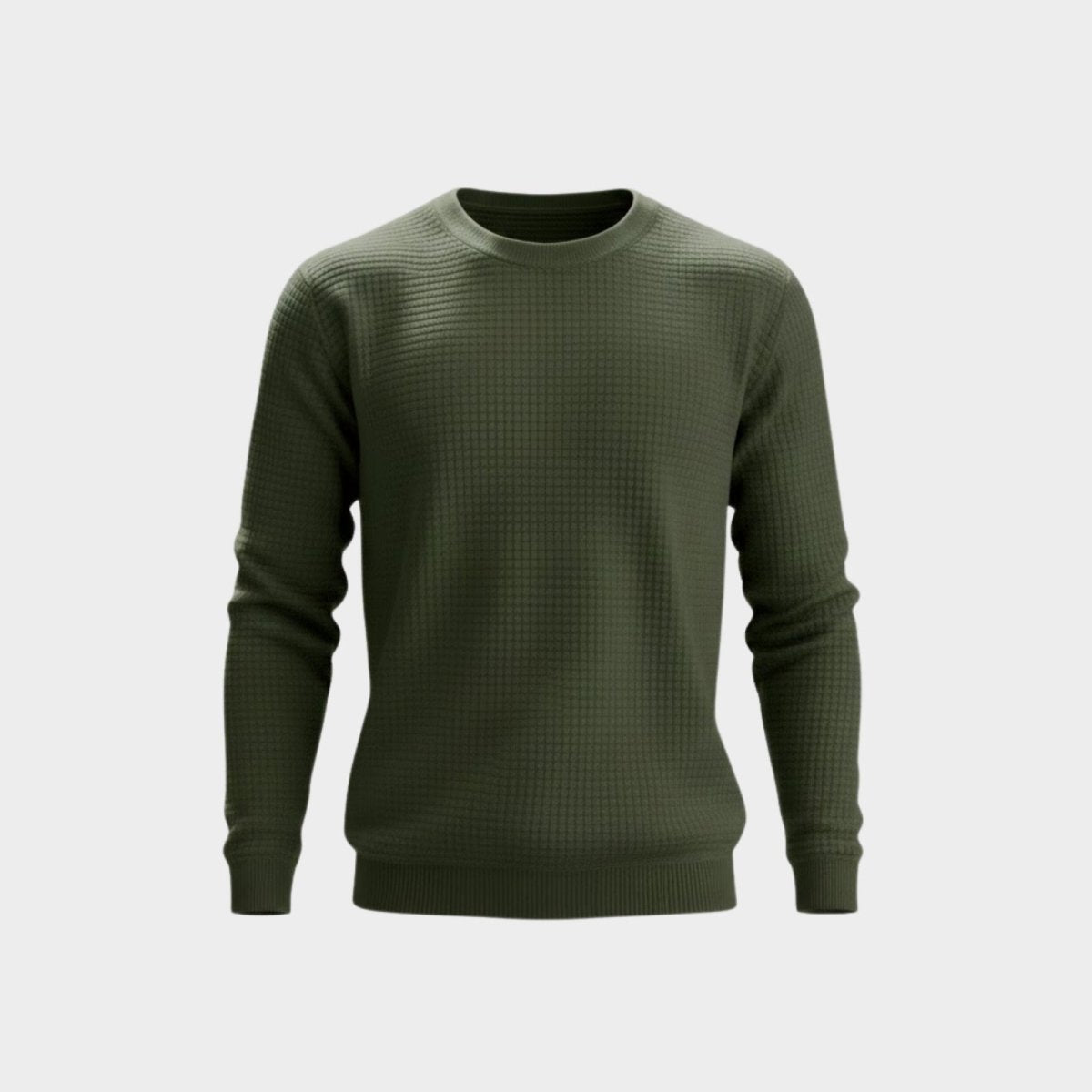 Product-only shot of the Kouvr Fashion men's waffle knit crewneck sweater in olive green on a light grey background.