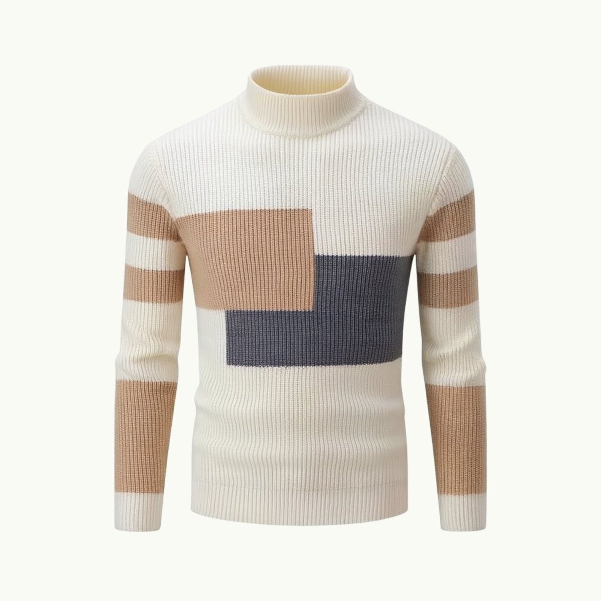 Product flatlay of the front of the Kouvr Fashion men's white, khaki color block turtleneck sweater on a clean white surface.