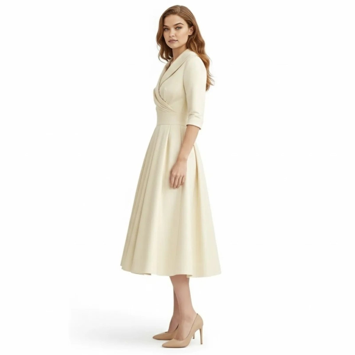 Side profile of a model in the Kouvr Fashion elegant cream fit and flare midi dress, highlighting the pleated skirt and classic tailoring.