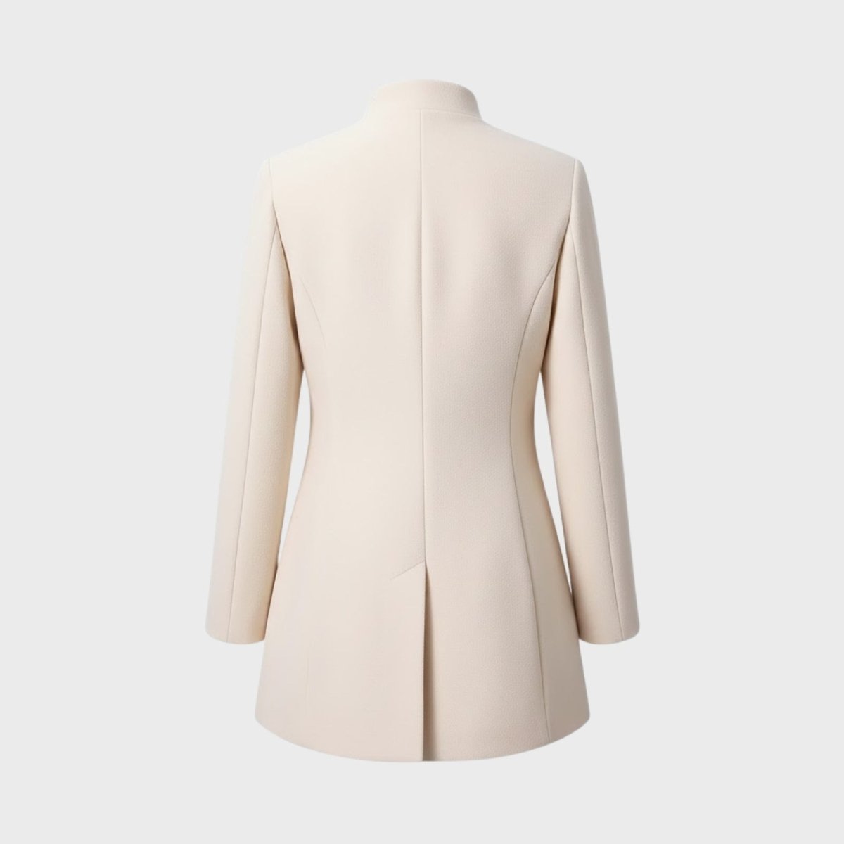 Studio product shot of the back of the cream wool coat, showing its clean lines and structured A-line shape.