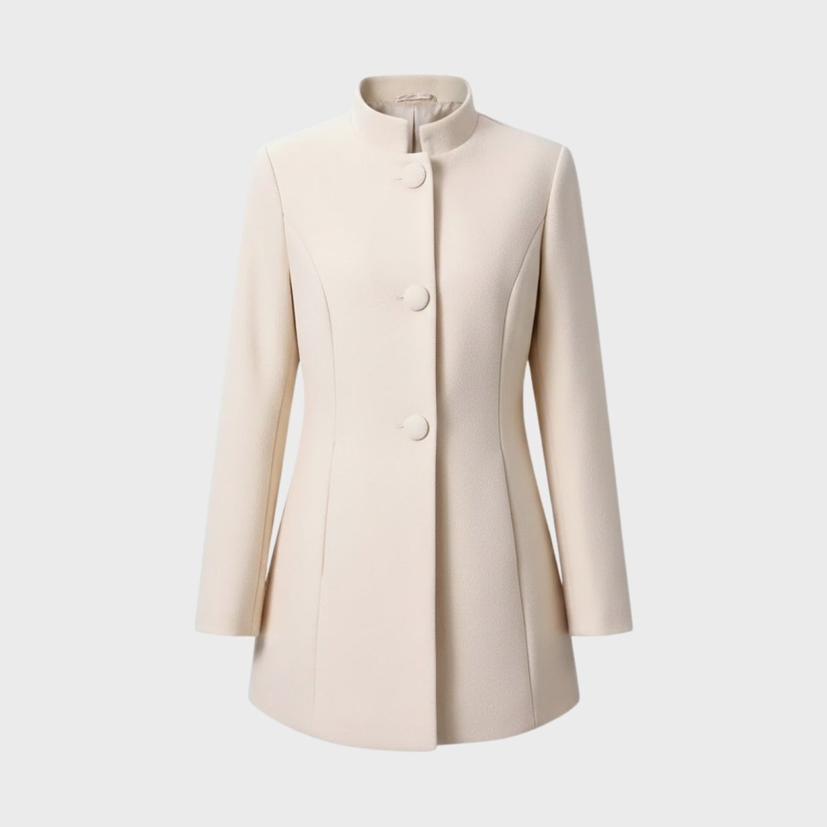 Studio product shot of the Kouvr Fashion cream wool coat with a funnel neck and three-button closure.