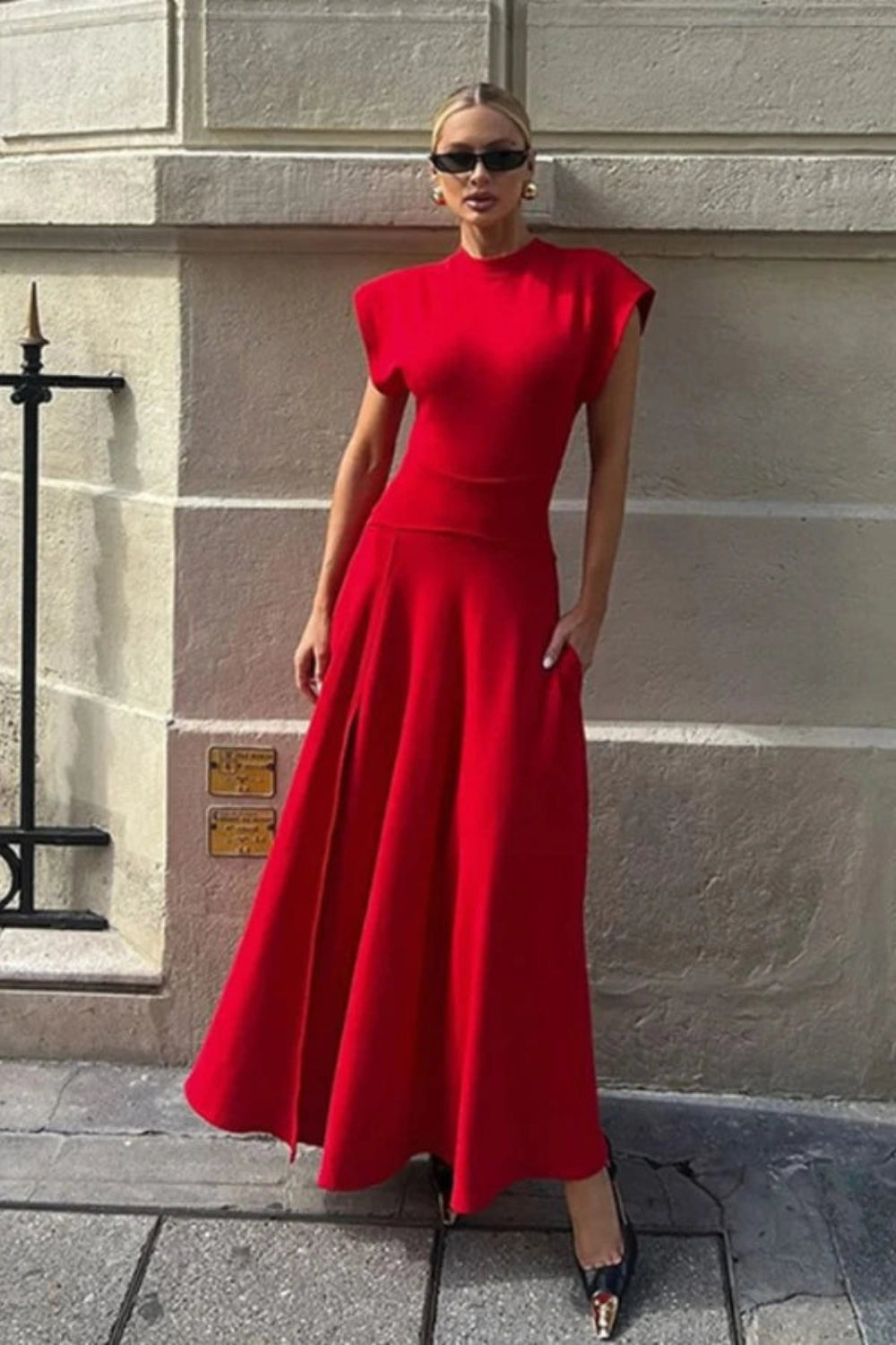 red structured dress Red Midi Dress with Structured Padded Shoulders | High Neck A-Line Cocktail Dress with Pockets & Slit