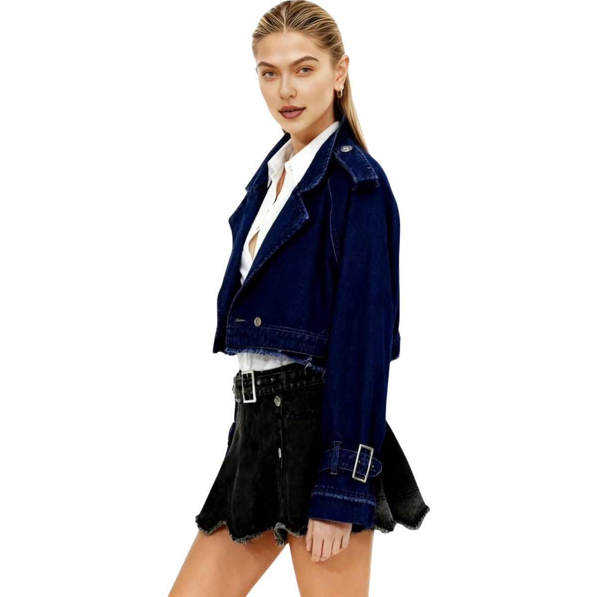 Side view of the women's cropped denim biker jacket in washed black kouvr highlighting the silver buckle detail on the sleeve cuff.