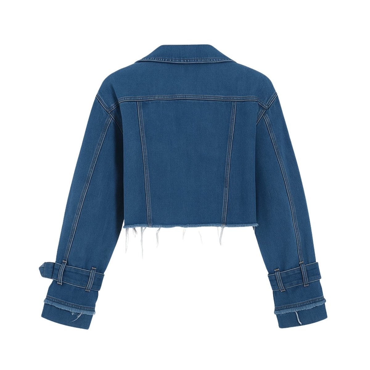 Close-up detail of the distressed raw hem and adjustable statement cuffs on the Kouvr Fashion trench denim jacket.