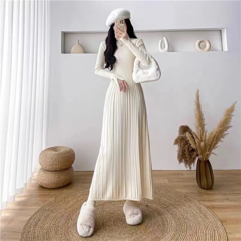 Pleated Knit Midi Dress Long Sleeve Mock Neck - A-Line Ribbed Sweater Dress  for Women | Elegant Winter Pullover | Ivory White