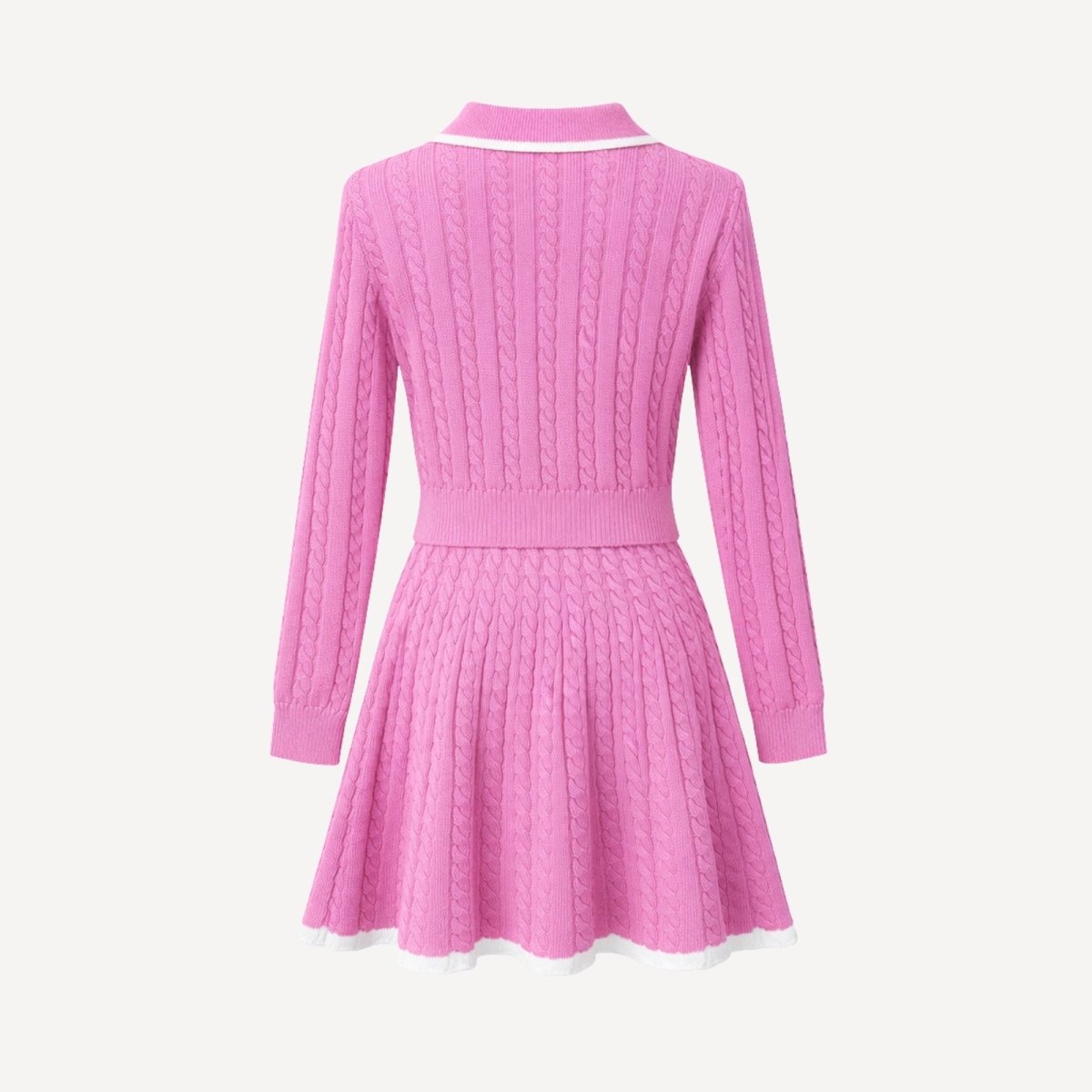 Flatlay of the back of the dark pink cable-knit polo and skirt set, highlighting the texture and construction of the garments.