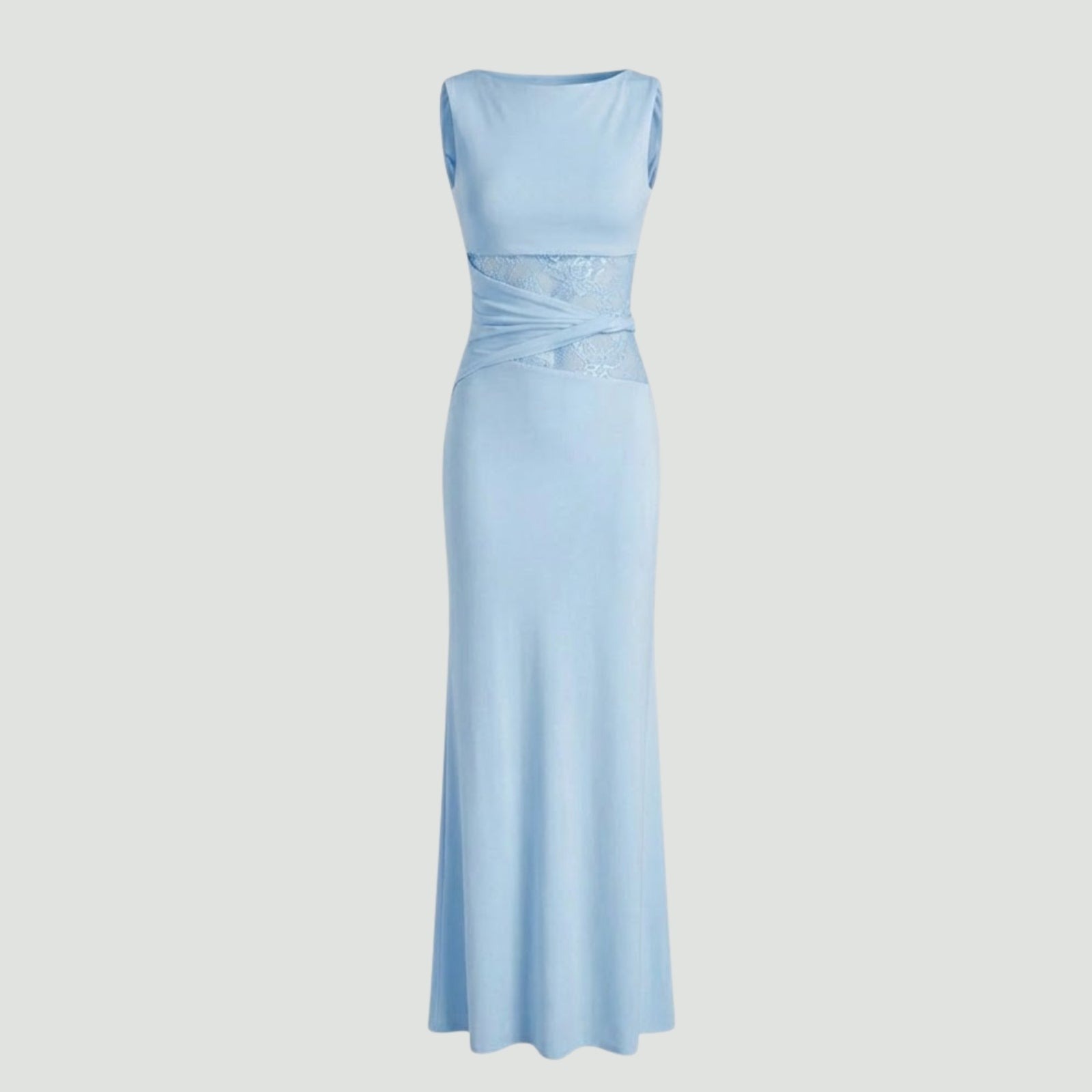 Product flat lay of the light blue Deborah gown, front view, detailing the criss-cross fabric and sheer lace inserts at the waist.