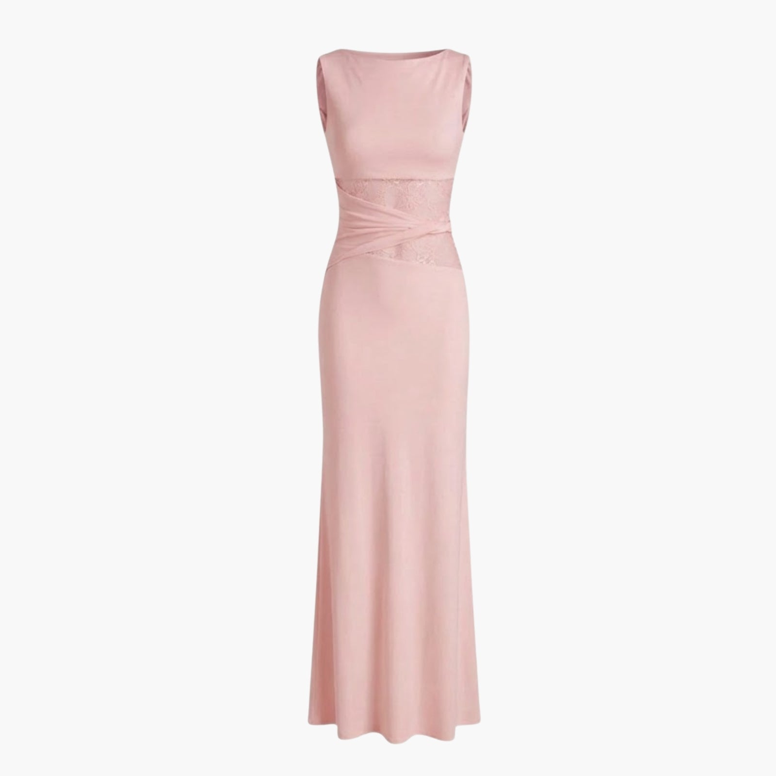 Product-only image of the deborah pink formal gown from Kouvr Fashion, displaying the bateau neckline and lace wrap waist detail.