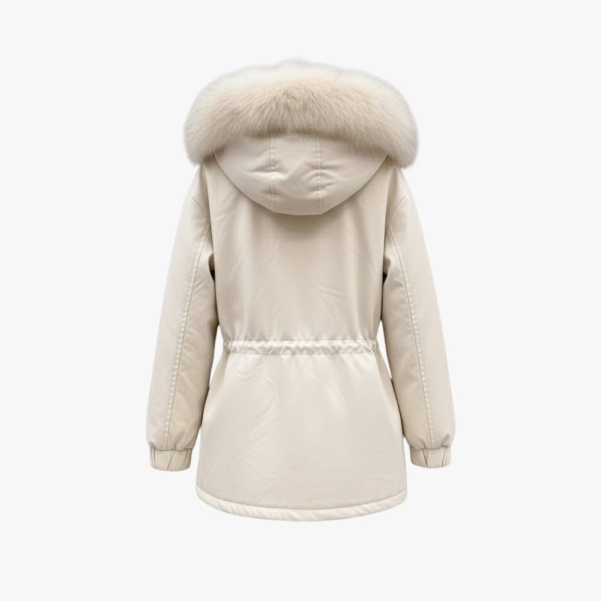 Flat lay of the back of the cream winter parka, detailing the large, luxurious fox fur-trimmed hood and waist cinch construction.