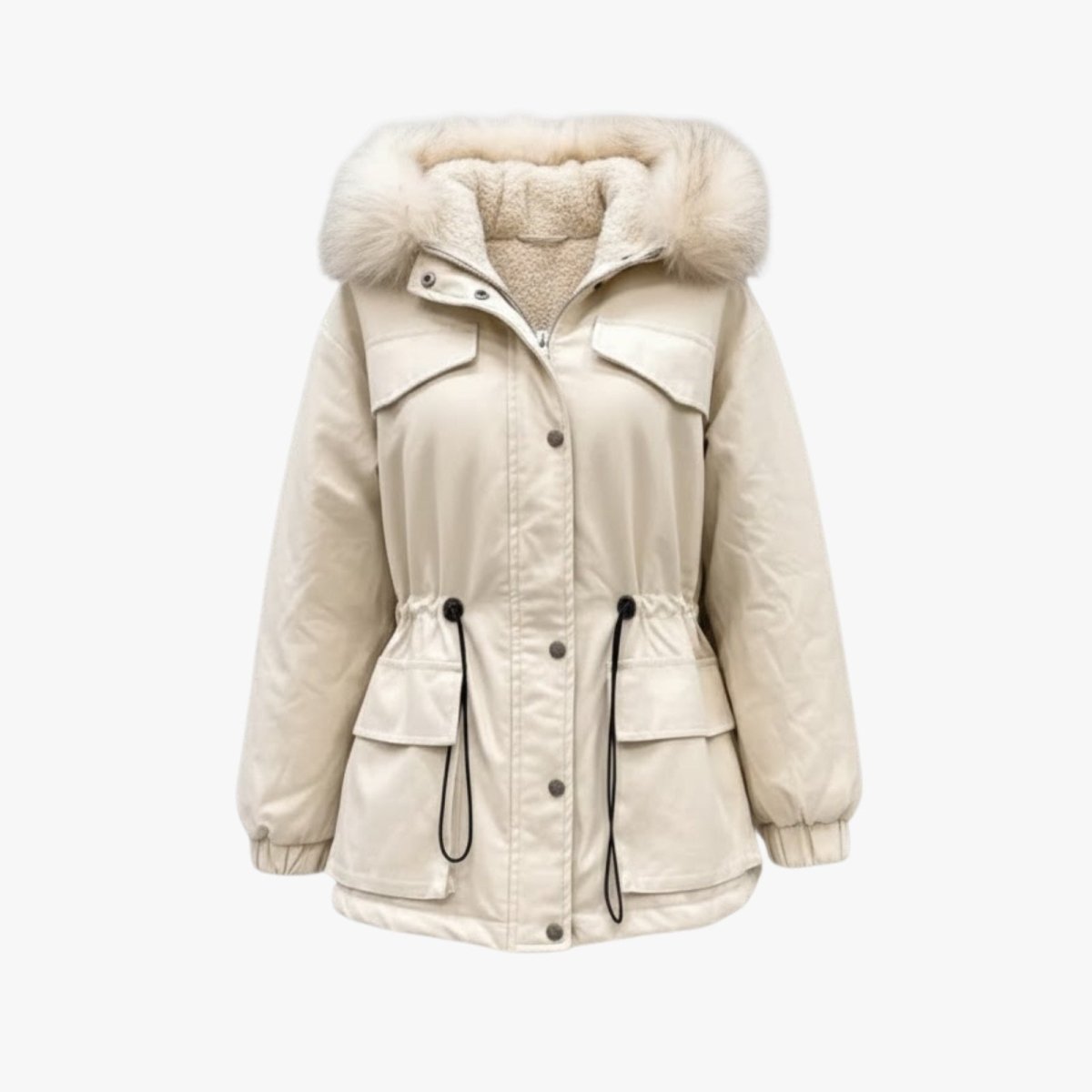 Flat lay product shot of the beige women's winter parka with sherpa lining and adjustable waist drawstrings visible.