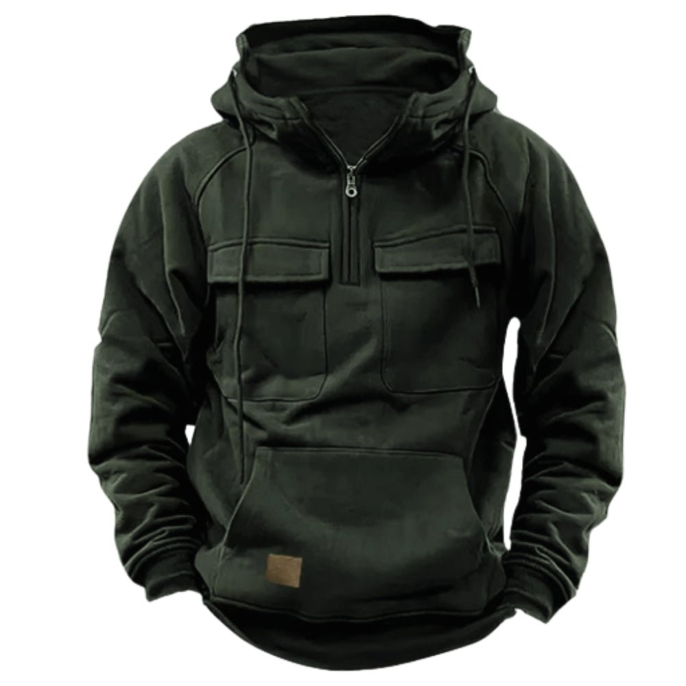 utility pockets," "technical fleece," "structured fit," "urban outerwear," "men's layering piece," and "modern pullover