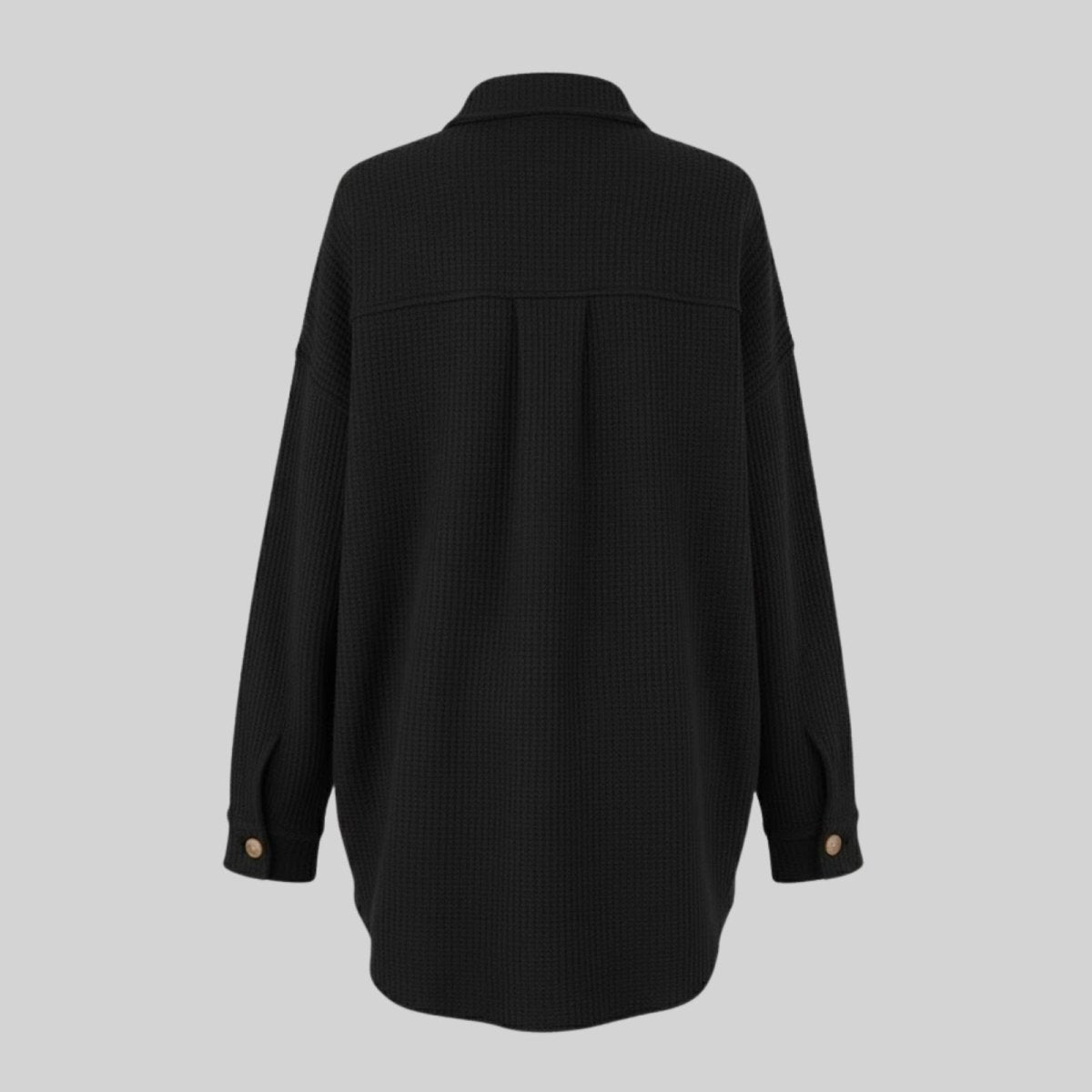 Flatlay back view of the Kouvr Fashion Donna Waffle Knit Shacket in black, showing the clean lines and back yoke detail.