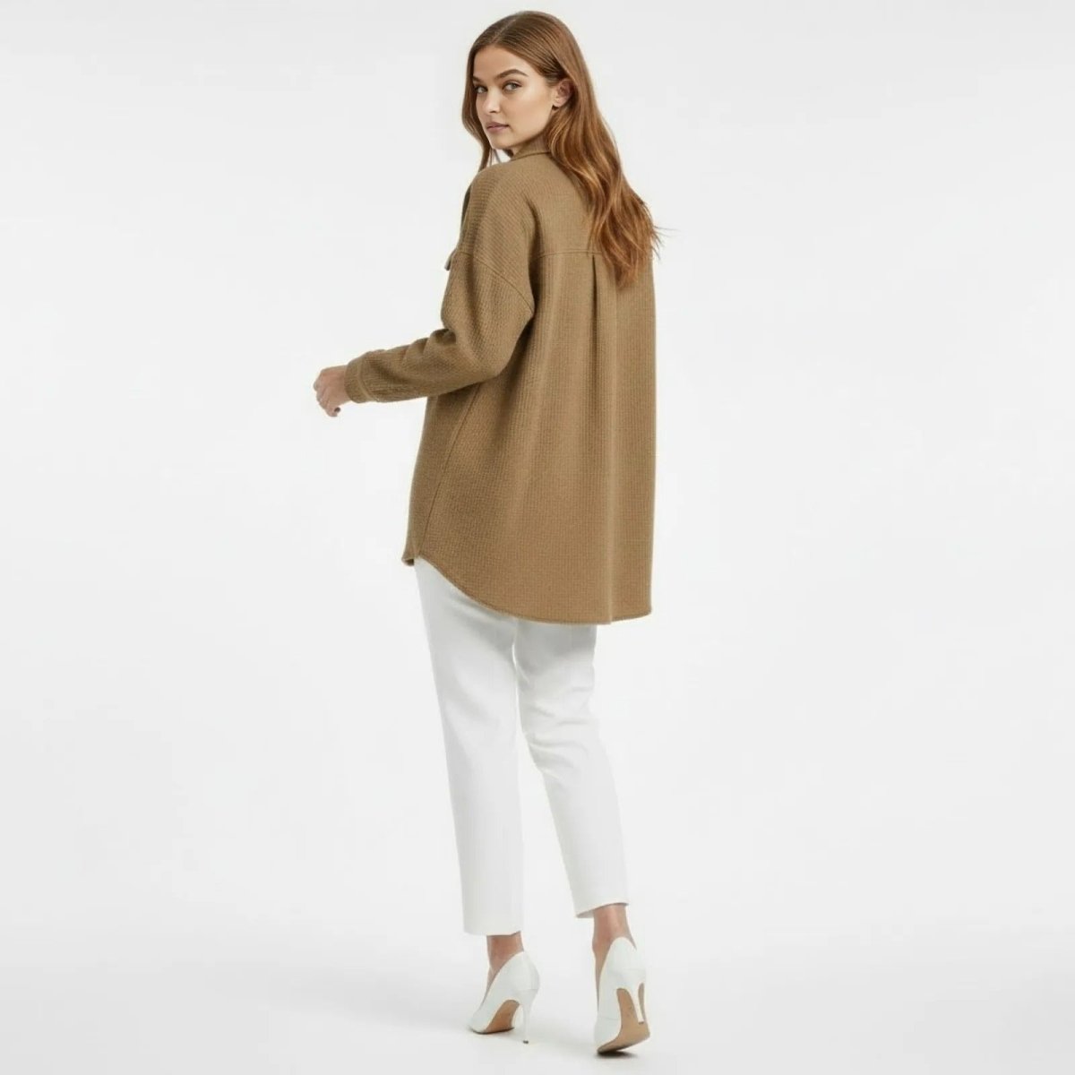 Back view of the khaki Donna Waffle Knit Shacket showing the relaxed fit, box pleat detail, and high-low hem.