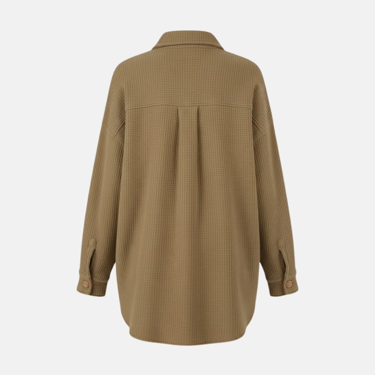 Back flat lay of the khaki Donna Waffle Knit Shacket, highlighting the clean construction and back yoke detail.