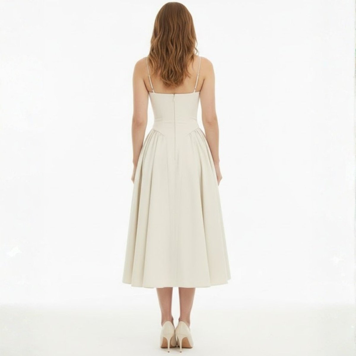 Back view of the Kouvr Fashion ecru corset midi dress with spaghetti straps and invisible zipper closure.