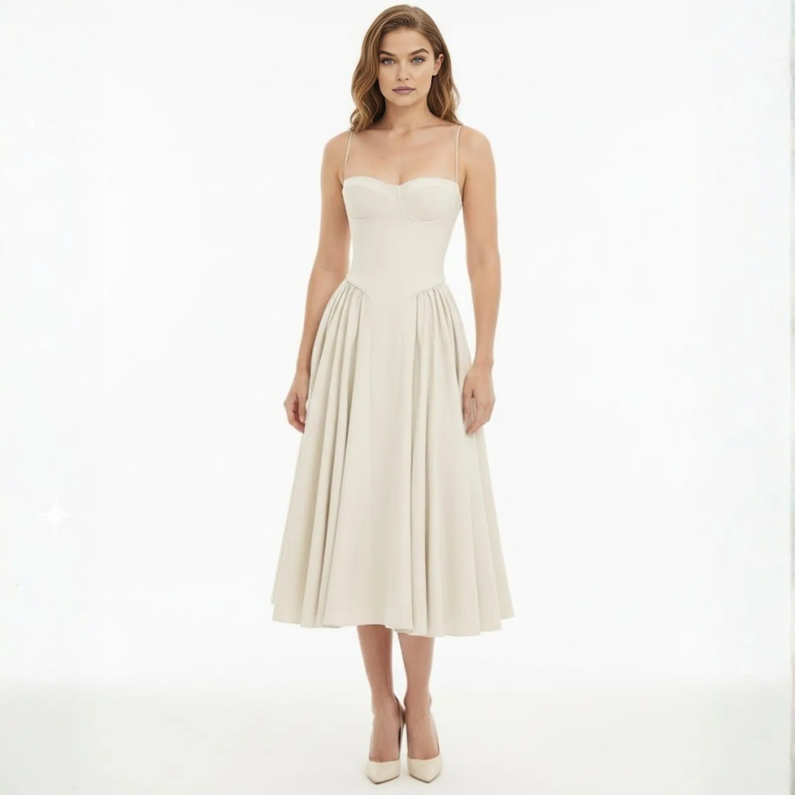 Model wearing the Kouvr Fashion ecru bustier midi dress with a structured corset bodice and A-line skirt, front view.