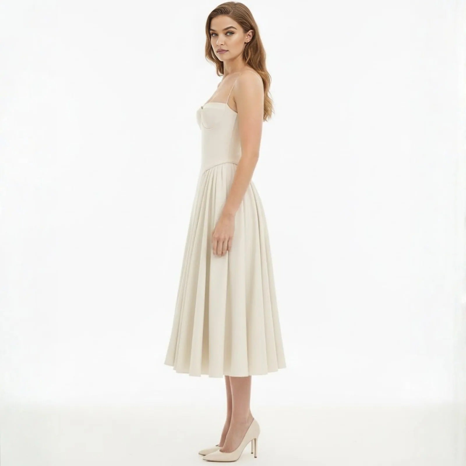 Side profile of the Kouvr Fashion ecru fit and flare midi dress showing the sculpted waist and full skirt.