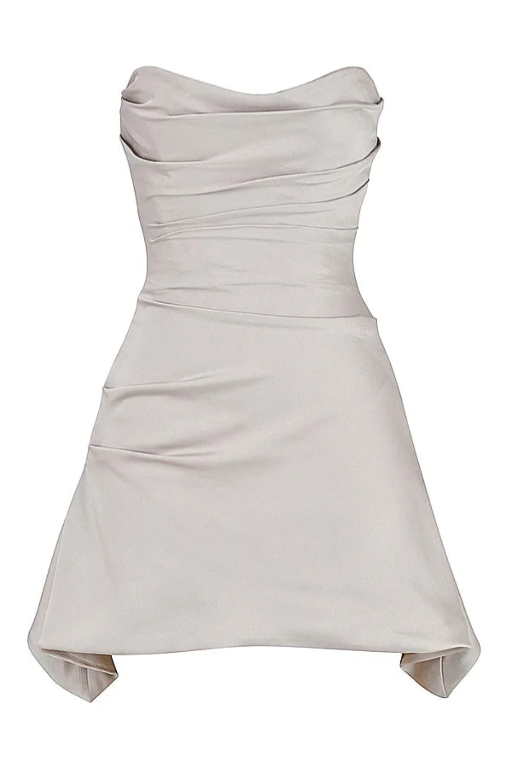 sculpted silhouette," "draped cocktail dress," "asymmetrical hem," "bandeau neckline," and "evening wear