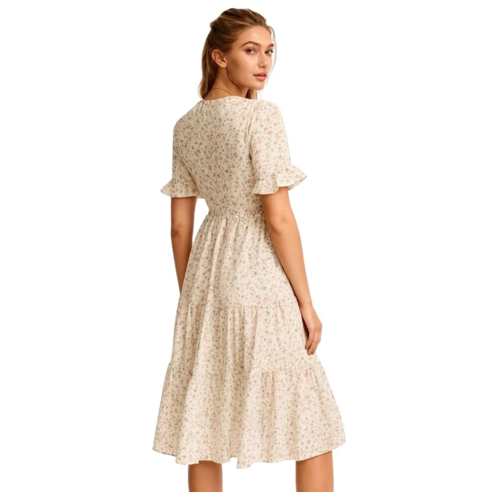 Woman wearing a kouvr beige floral dress on a white background