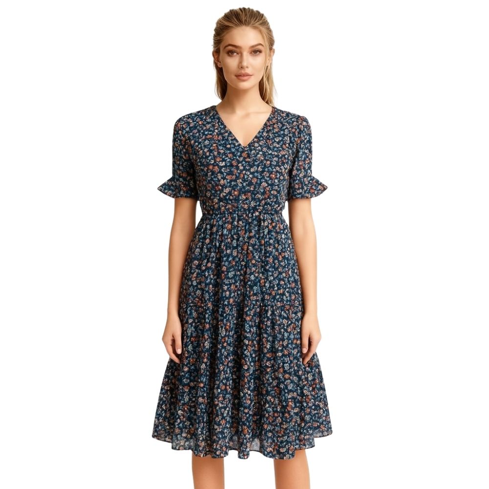 Woman wearing a kouvr  floral dress on a white background