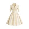 Product shot of the Kouvr Fashion cream shawl collar cocktail dress on a white background, displaying the draped bodice and full skirt.