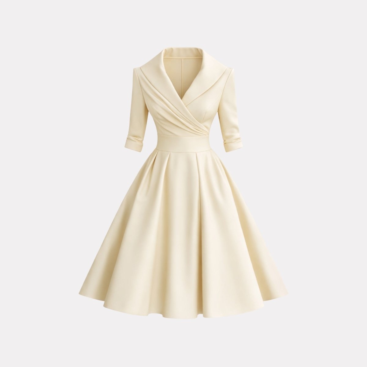 Product shot of the Kouvr Fashion cream shawl collar cocktail dress on a white background, displaying the draped bodice and full skirt.