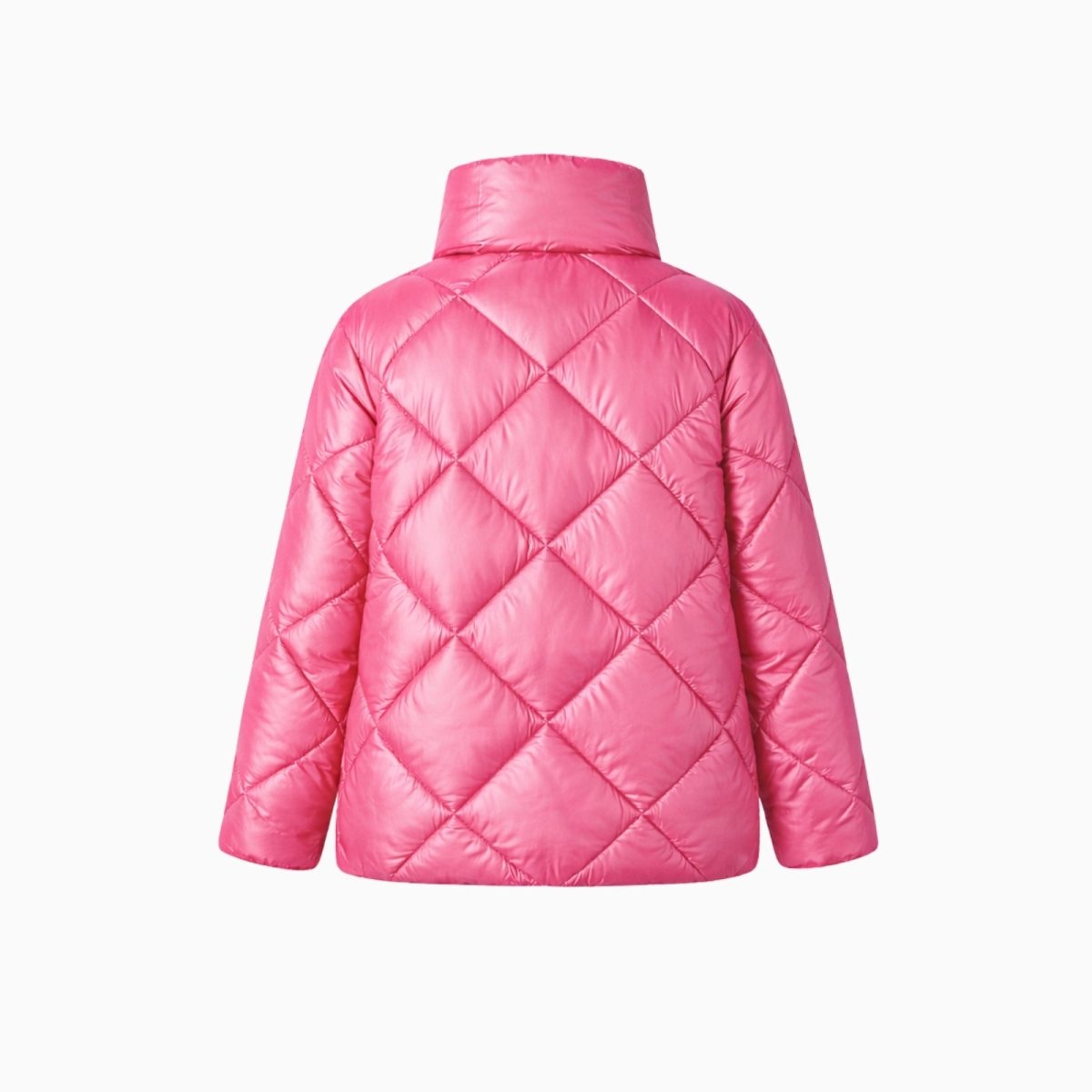 Back product shot of the pink Elisse Puffer Jacket from Kouvr Fashion, laid flat to highlight the continuous diamond quilt pattern.