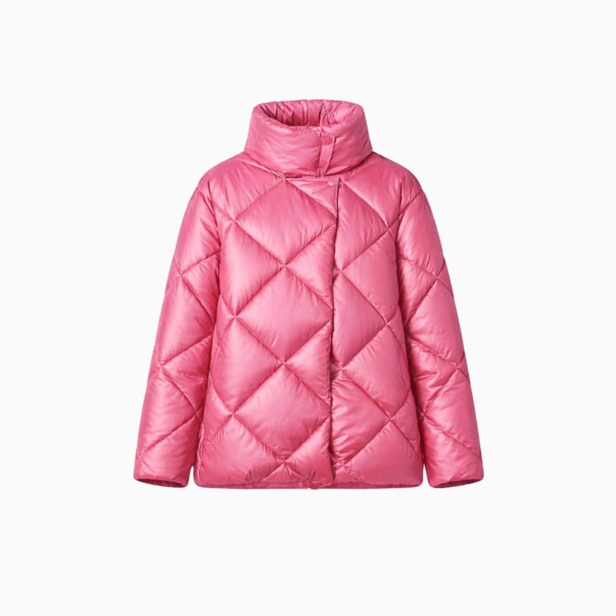 Front product shot of the pink Elisse Puffer Jacket from Kouvr Fashion, laid flat to show the high neck and snap button closure.