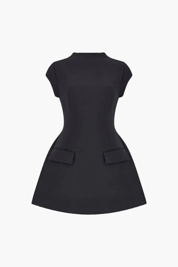 Studio product shot of the black Ella A-line mini dress with a mock neck and structured pockets on a white background.