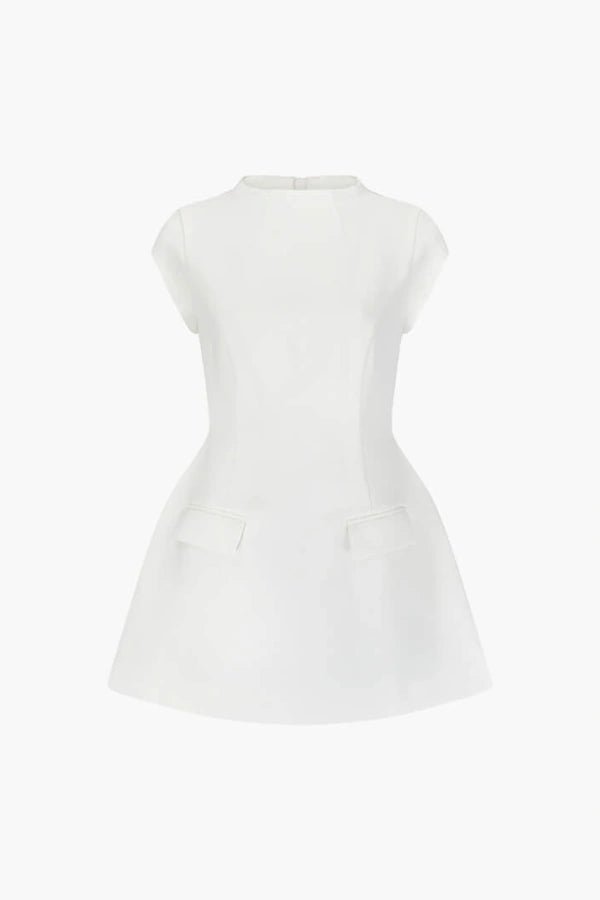 Studio product shot of the white Ella A-line mini dress with a mock neck and structured pockets on a white background.