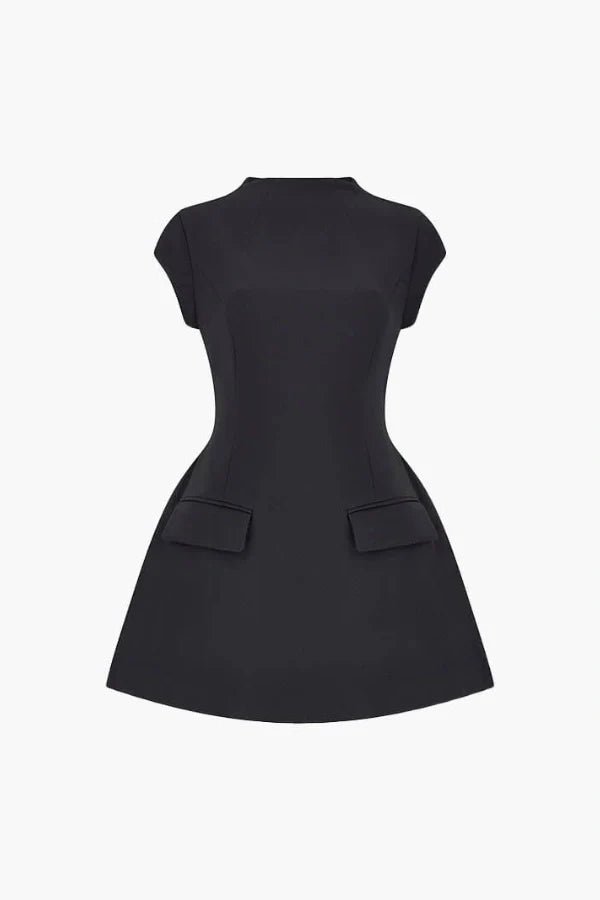 Sculptural, architectural, fit and flare, cinched waist, ella Hepburn style, 60s mod dress, boat neck, cap sleeve, cocktail attire.