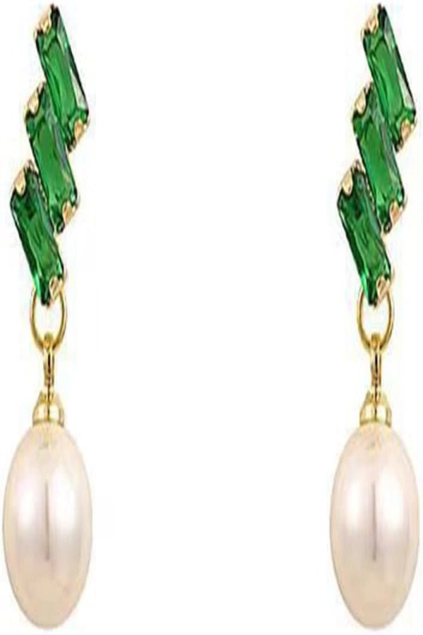 Earrings Kouvr with green gemstones and a pearl drop on a white background