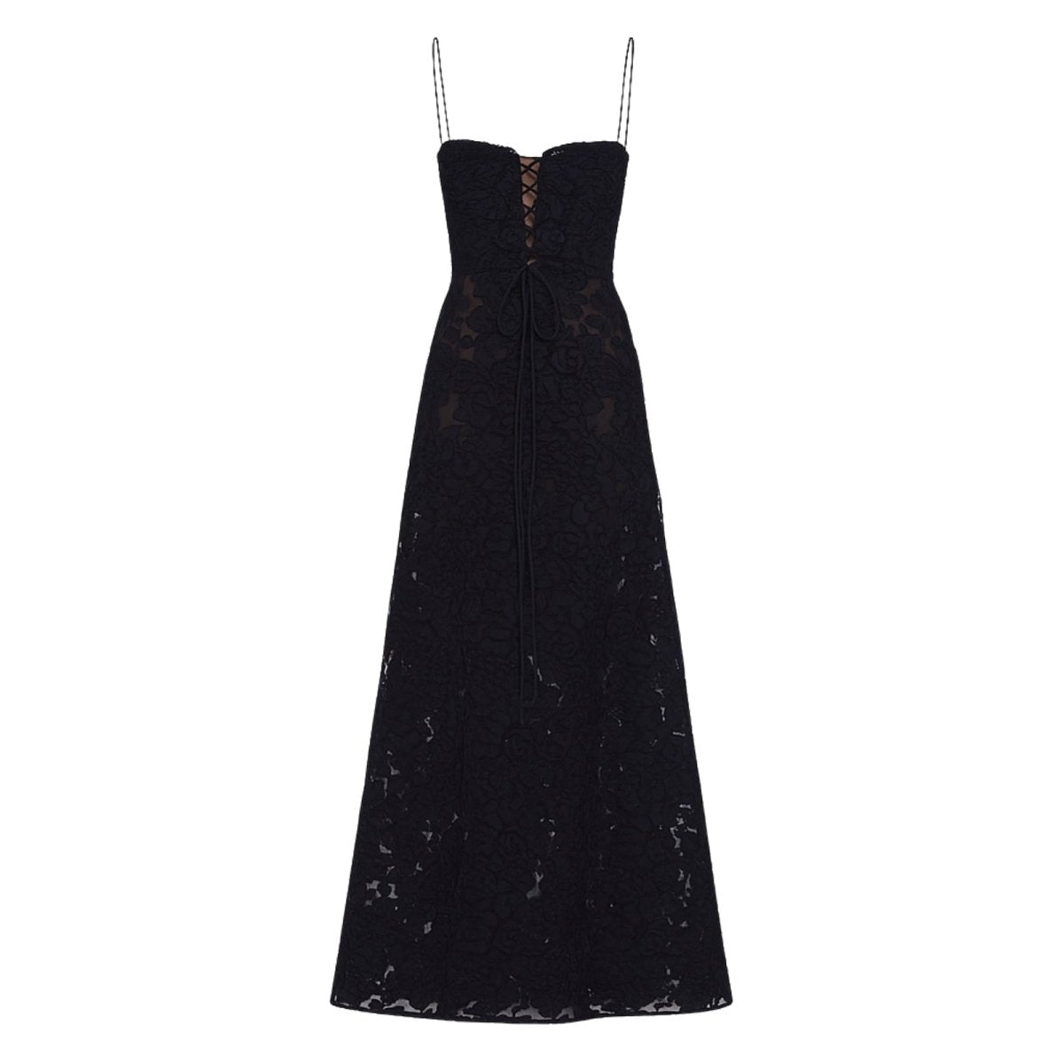 Black Kouvr strapless dress with lace details on a white background