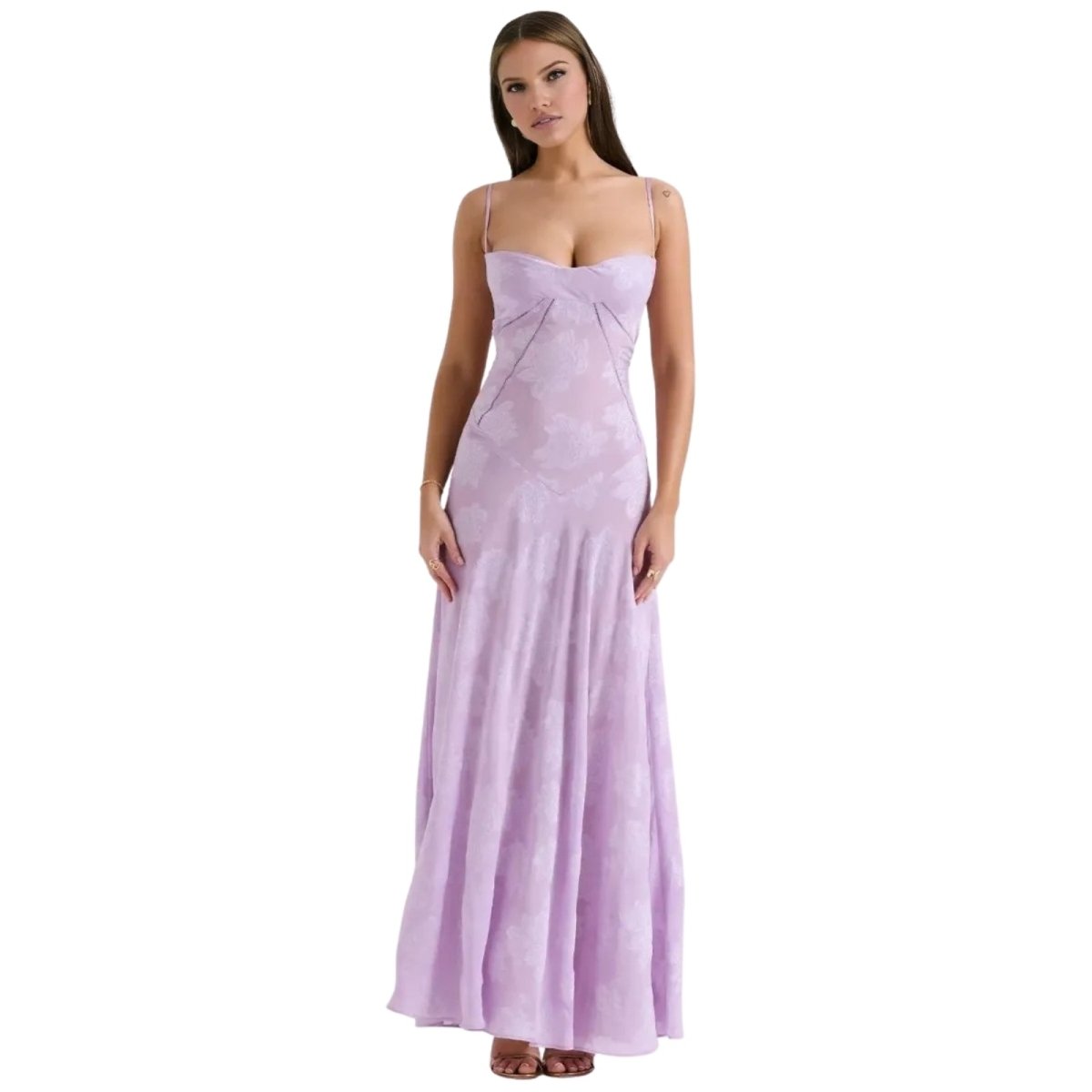 Woman wearing a strapless purple Kouvr gown on a white background