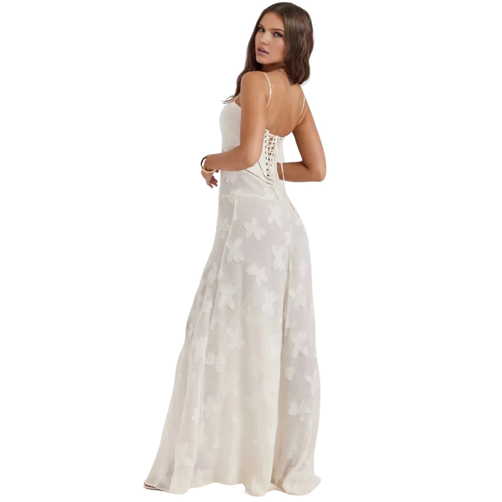 Woman wearing a white Kouvr floral dress on a white background