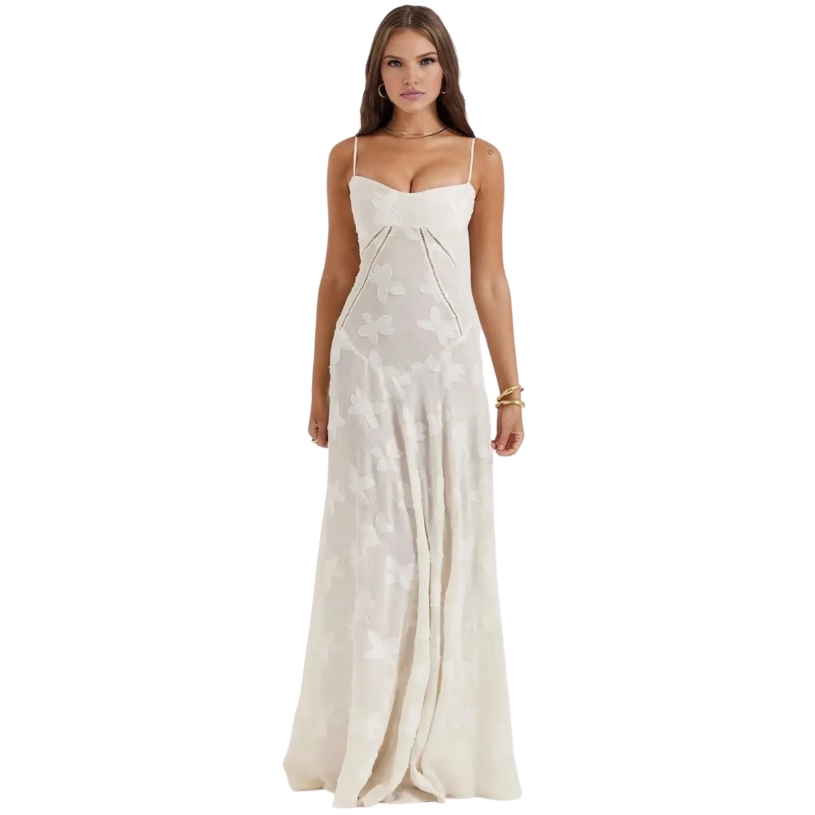 Woman wearing a white Kouvr strapless dress on a white background