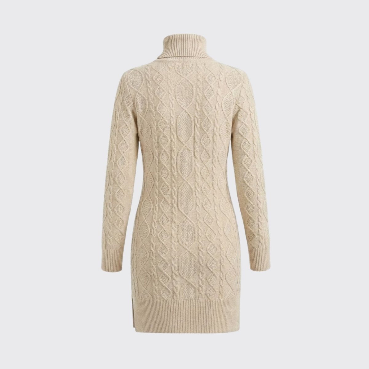 Flat lay of the back of the Kouvr Fashion Erza turtleneck sweater dress, highlighting the quality of the knit and dress construction.