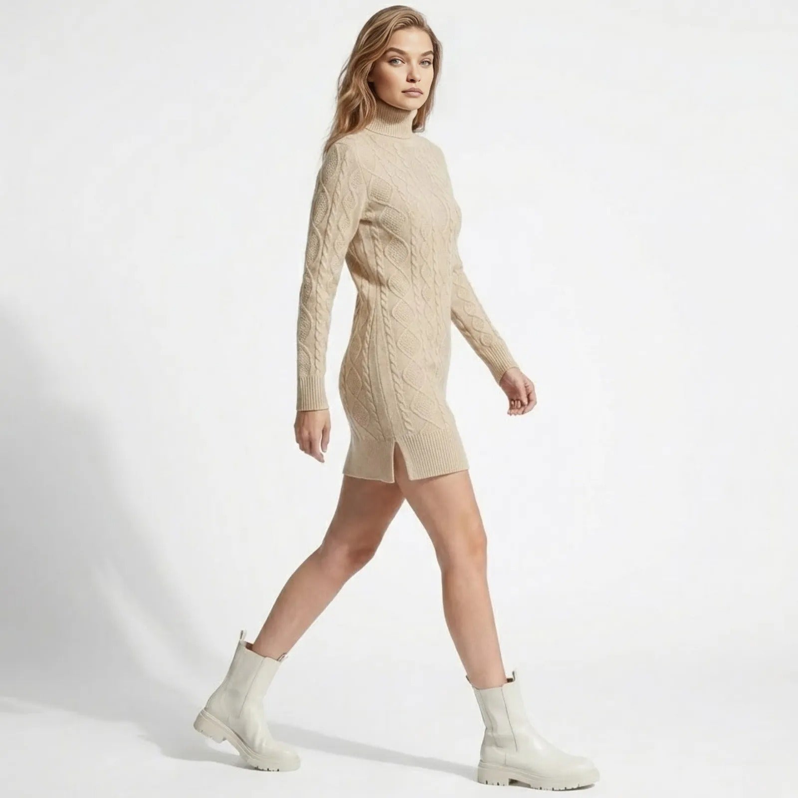 Model in a walking pose wearing the Kouvr Fashion beige long sleeve knit dress, showing the side slit detail and flattering bodycon fit.