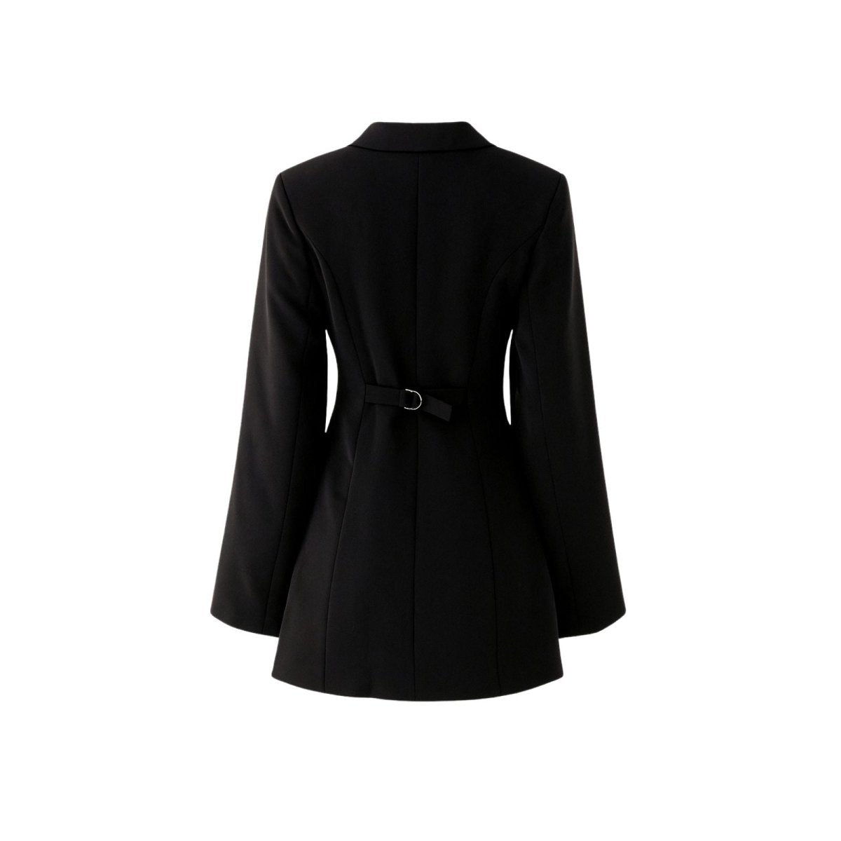 Flatlay of the back of the Kouvr Fashion black blazer dress, highlighting the rear D-ring belt and tailored seams.