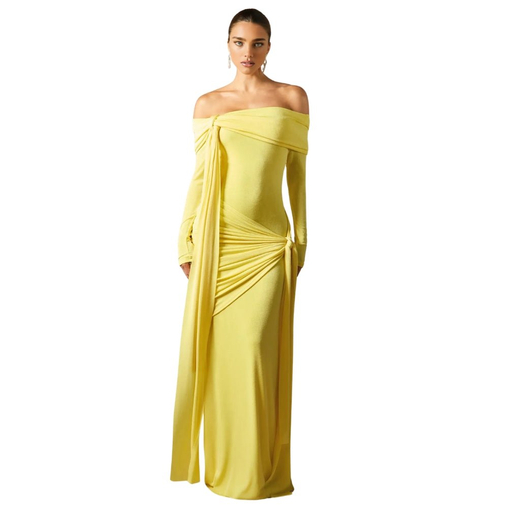 Yellow Off-The-Shoulder Draped Gown Long Sleeve | Elegant Formal Evening  Maxi Dress for Gala Wedding Guest