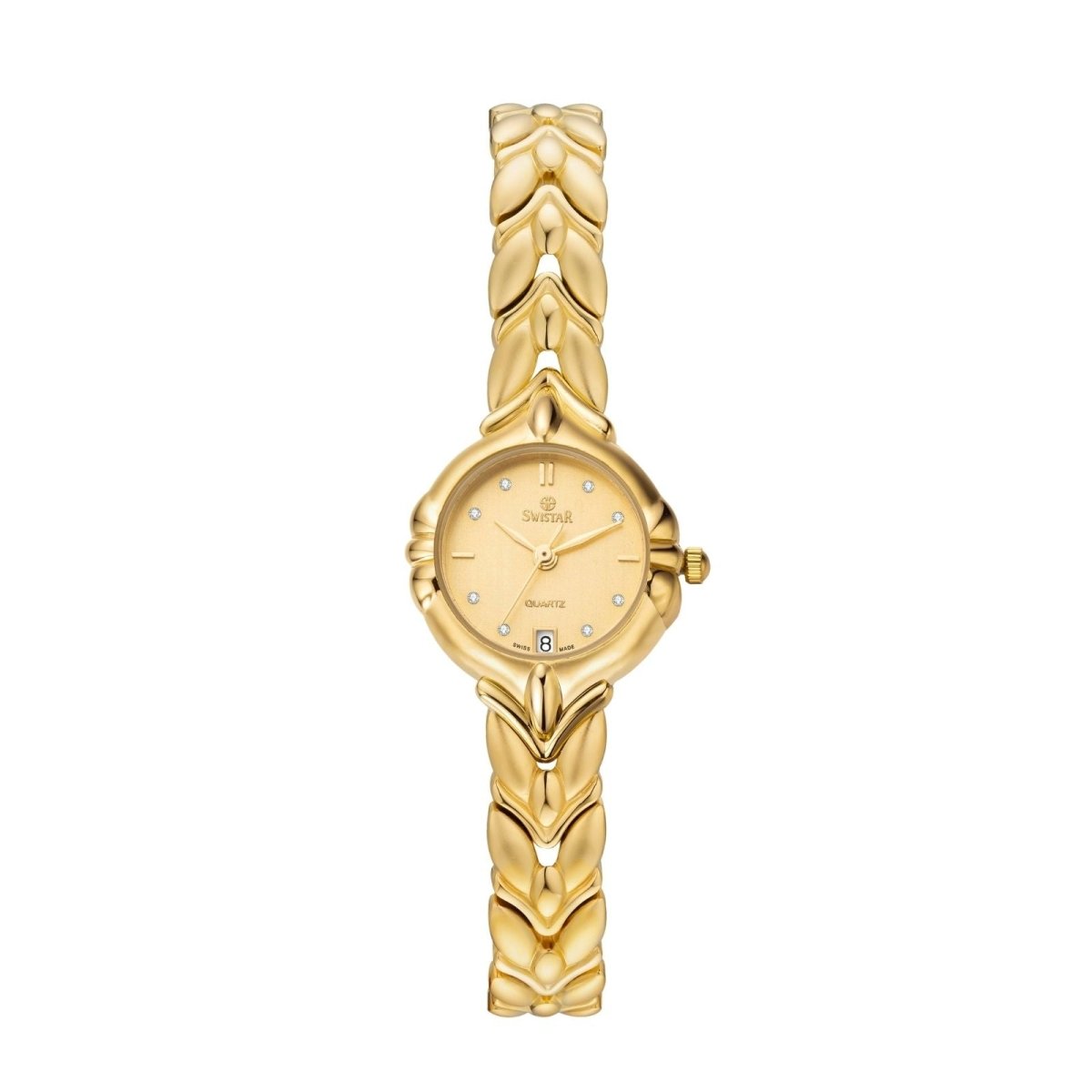 Front view of kouvr gold women's dress watch with a leaf-patterned bracelet and diamond accents.