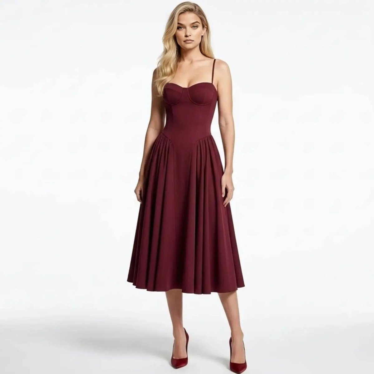 Model wearing the Evdokia burgundy bustier midi dress with a sweetheart neckline and full A-line skirt by Kouvr Fashion.
