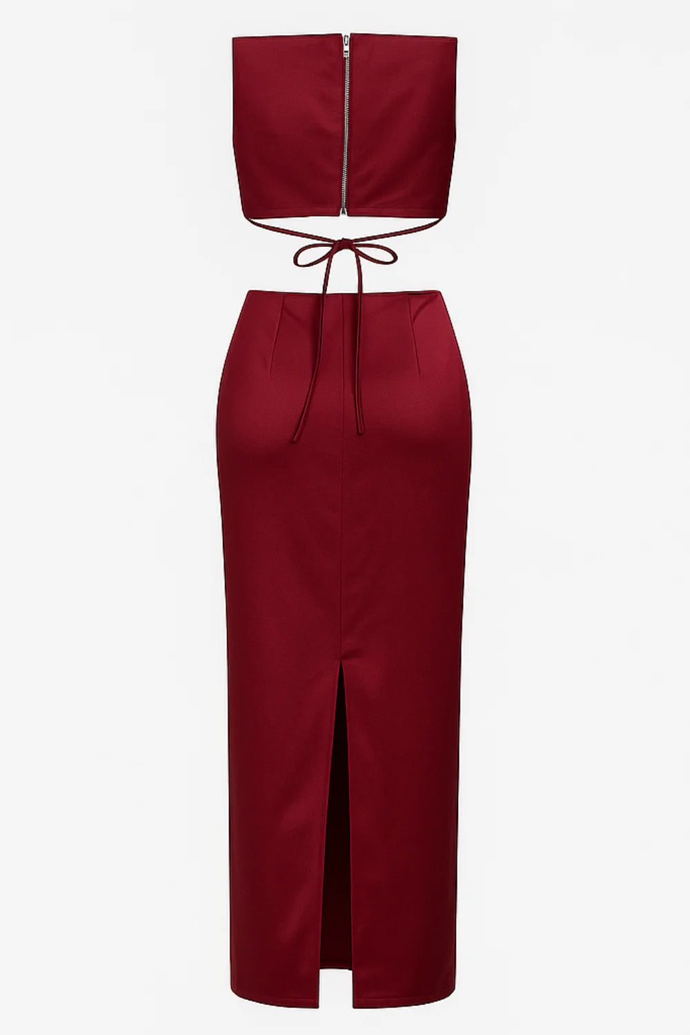 matching set," "eveningwear," "special occasion outfit," "minimalist formal," "bias-cut skirt," "sleeveless high-neck top," "wedding guest attire