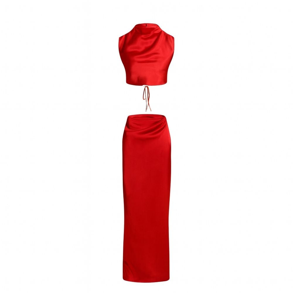 Red kouvr satin two-piece outfit on a white background